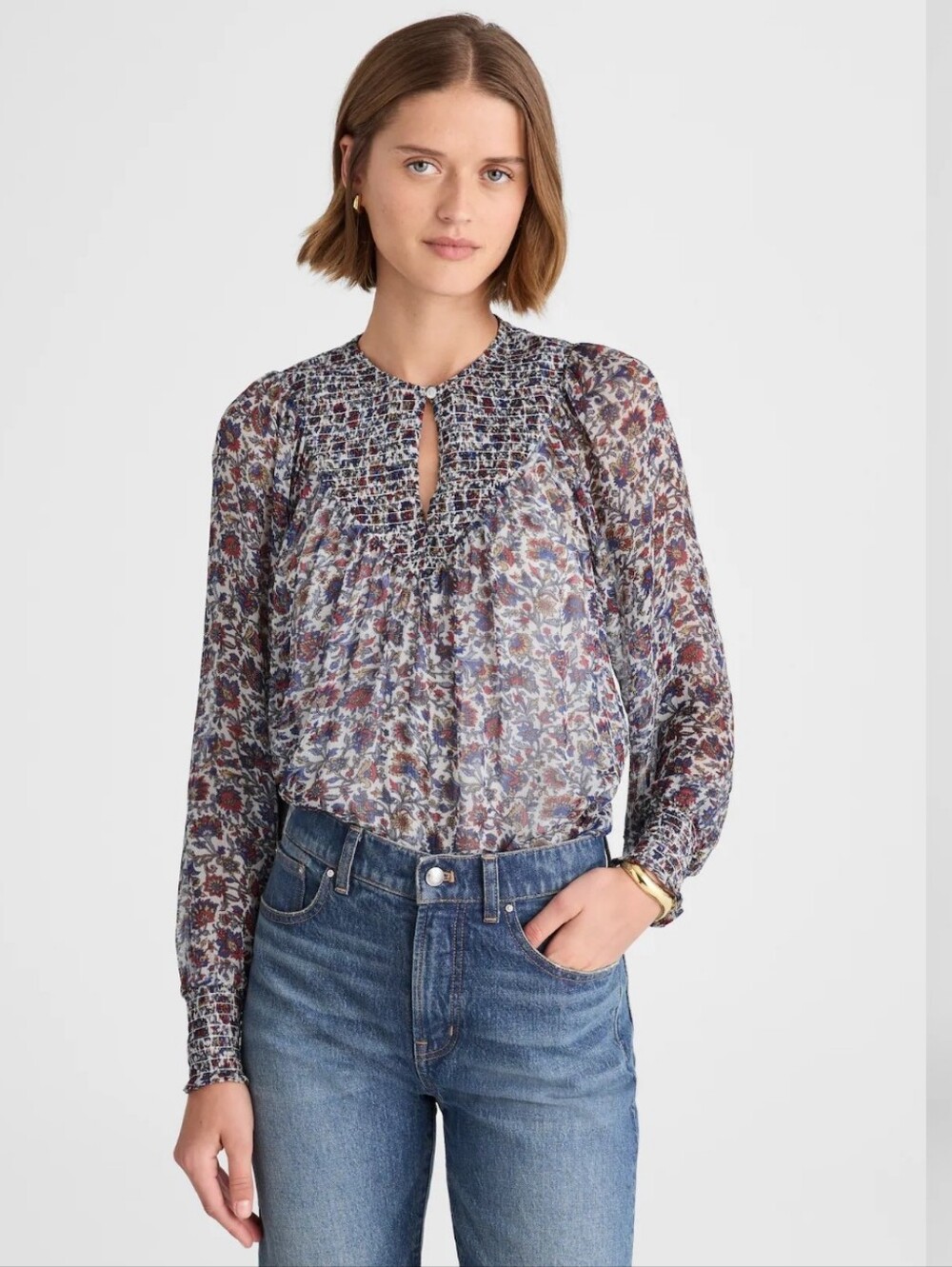 Madewell Floral Smocked Blouse in Navy, Burgundy & White